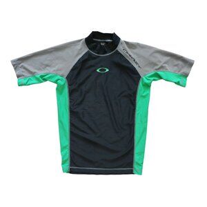 OAKLEY Black Neon Green Gray Nylon Stretch Surf Swim Shirt Rash Guard XL